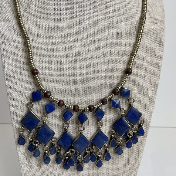 Vintage Gorgeous Lapis Lazuli Tribal Southwestern Silver Blue Beaded Necklace 18